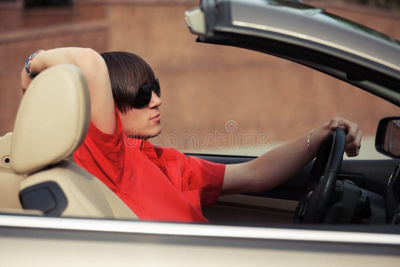 Young Man in Sunglasses Driving Convertible Car Stock Image Image of cheerful, city 59258655