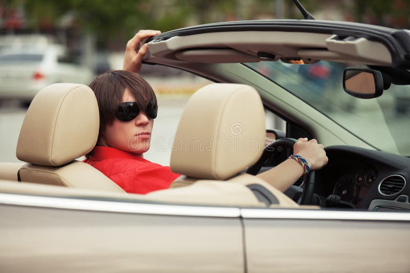 Young Man in Sunglasses Driving Convertible Car Stock Image Image of