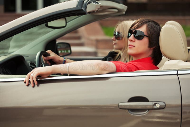 Young Man in Sunglasses Driving Convertible Car Stock Photo Image of