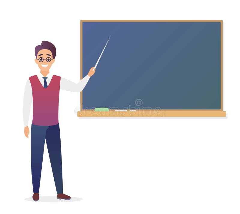 Young man teacher standing in front of blank school blackboard vector illustration. Cute cartoon school male teacher in