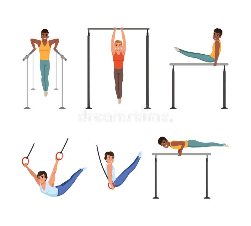 Young Man Training on Different Gymnastics Apparatus Like Horizontal and Parallel Bars Vector Set