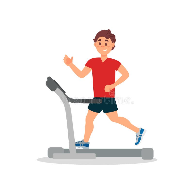 Young man training on treadmill. Physical activity and healthy lifestyle. Smiling guy in sportswear. Flat vector design