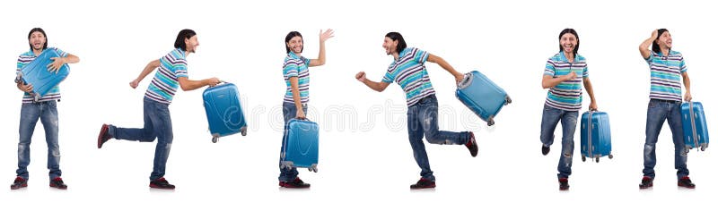 Young man travelling with suitcases isolated on white royalty free stock photography Young man travelling with suitcases isolated on white royalty free stock photography