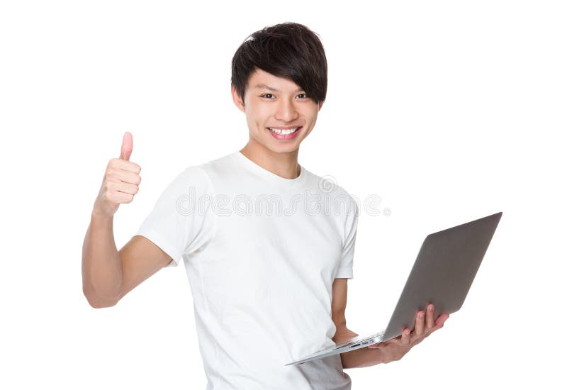 Young Man Use of Notebook Computer and Thumb Up Stock Photo Image of