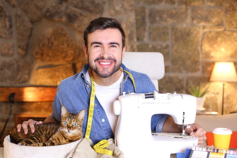 Young Man Using Sewing Machine Stock Image Image of hand, craft