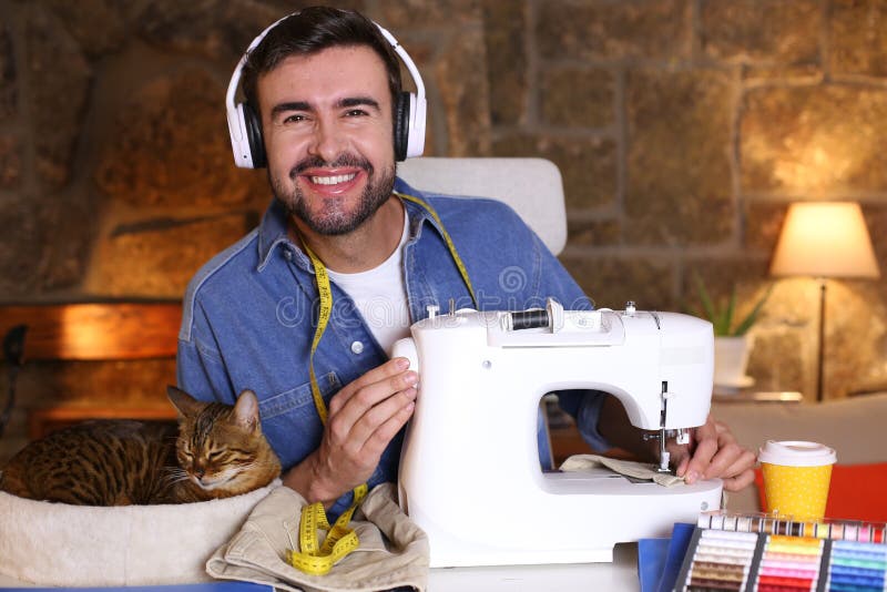 Young Man Using Sewing Machine Stock Image Image of hand, fashion