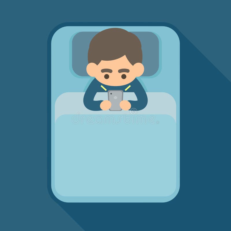 Young man using text on smartphone in bed, addiction technology stock illustration
