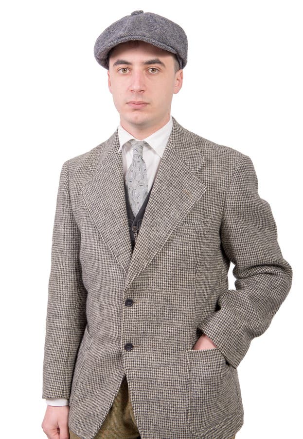 Young Man in Vintage Clothes with Hat, 1930 Style, on White Stock Image ...