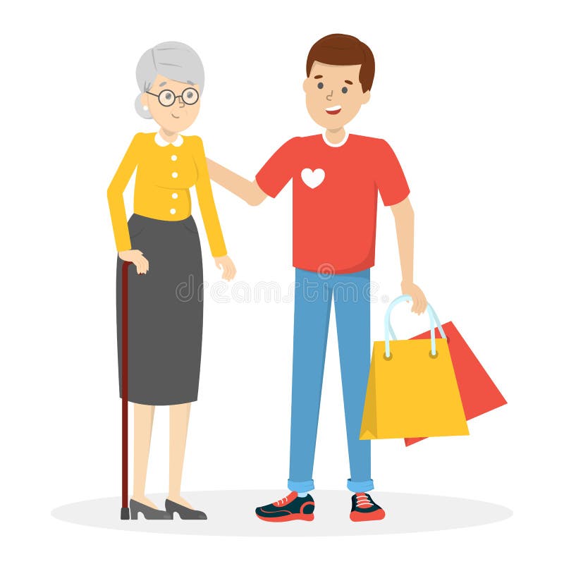 Young Man Volunteer Help Old Woman and Carry Her Bag Stock Vector