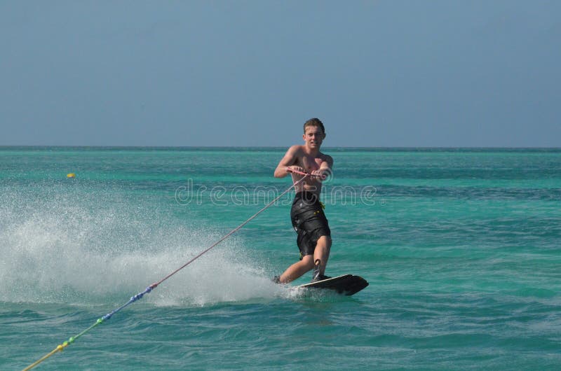 Young Man Wakeboarding on a Perfect Day in Aruba Stock Image Image of