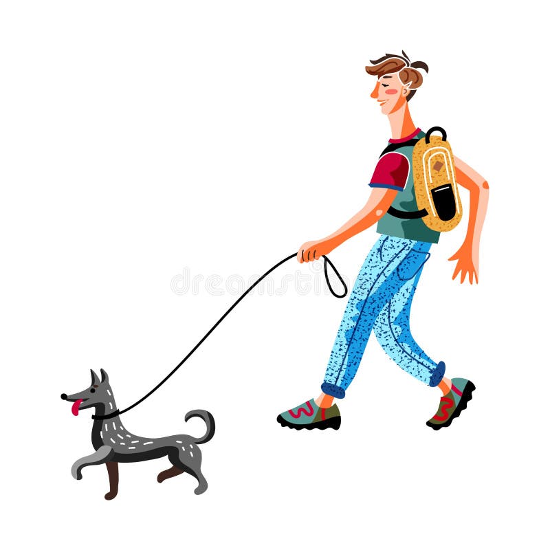 Young Man Walking Dog on Leash Isolated on White Stock Vector -  Illustration of clothes, owner: 185242783