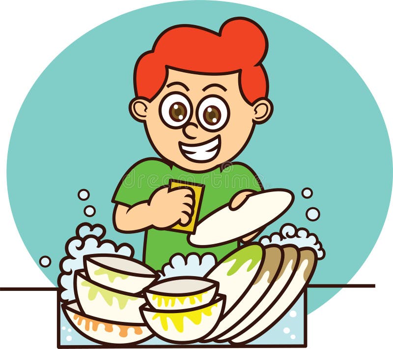 Young Man Washing Dishes Cartoon Illustration Stock Vector