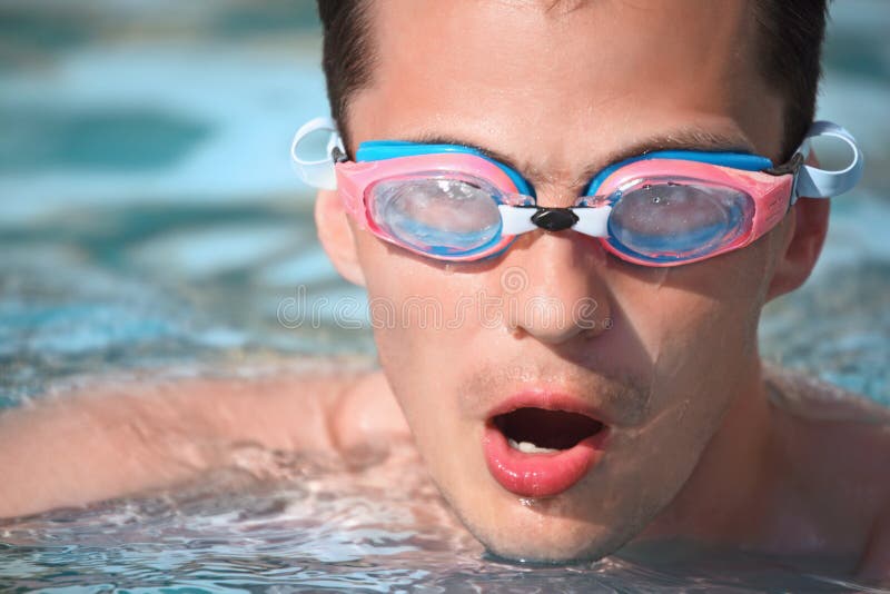 Young Man in Watersport Goggles Swimming in Pool Stock Image Image of