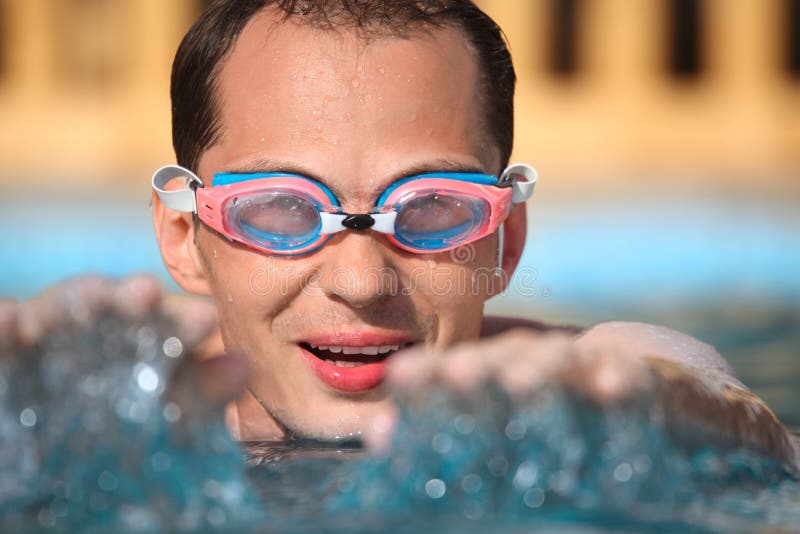 Young Man in Watersport Goggles Swimming in Pool Stock Image Image of