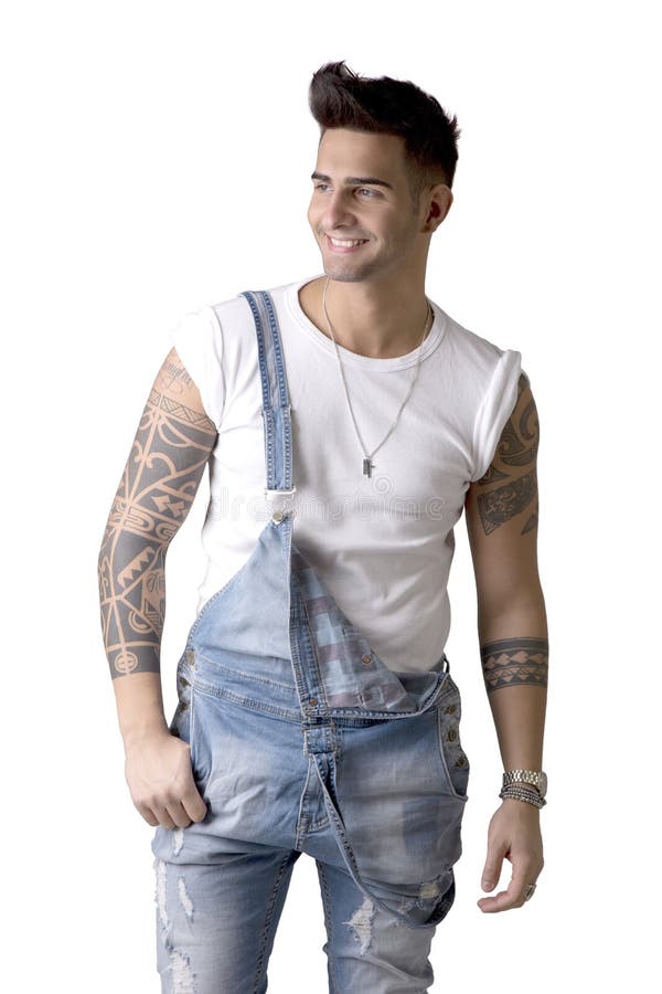 Young Man Wearing Denim Overalls and White T-shirt Stock Photo - Image ...