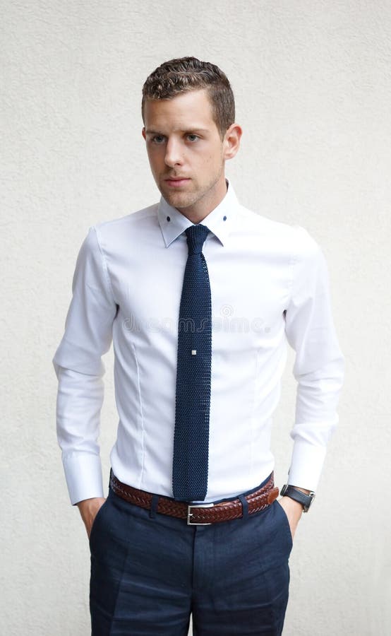 Handsome Young Man Wearing a White Shirt Blue Tie Stock Photo - Image ...
