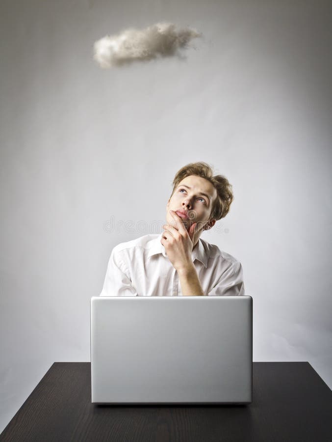 Young man in white with laptop and small cloud