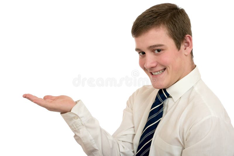 The Young Man in a White Shirt and Tie, Hand Gestures Stock Photo
