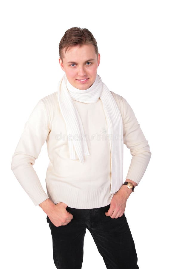 Young Man In White Sweater Poses Stock Image Image 5450741