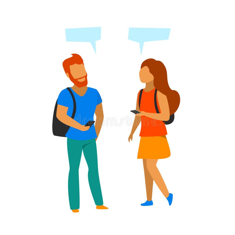Young man and woman meeting up, making contact, talking royalty free illustration Young man and woman meeting up, making contact, talking royalty free illustration