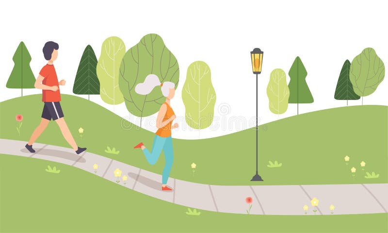 Young Man and Woman Running in Park, People Jogging, Physical Activities Outdoors, Healthy Lifestyle and Fitness Vector