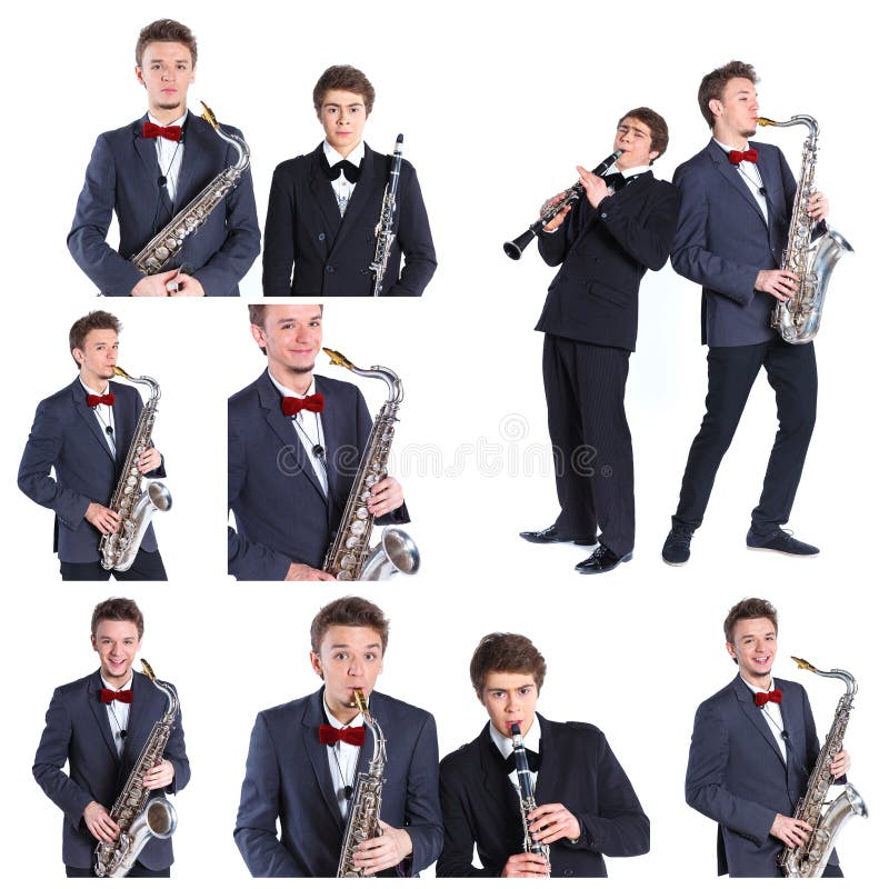 Young mans playing on saxophone and clarinet.