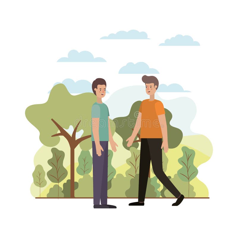 Young men in the landscape avatar character vector illustration desing