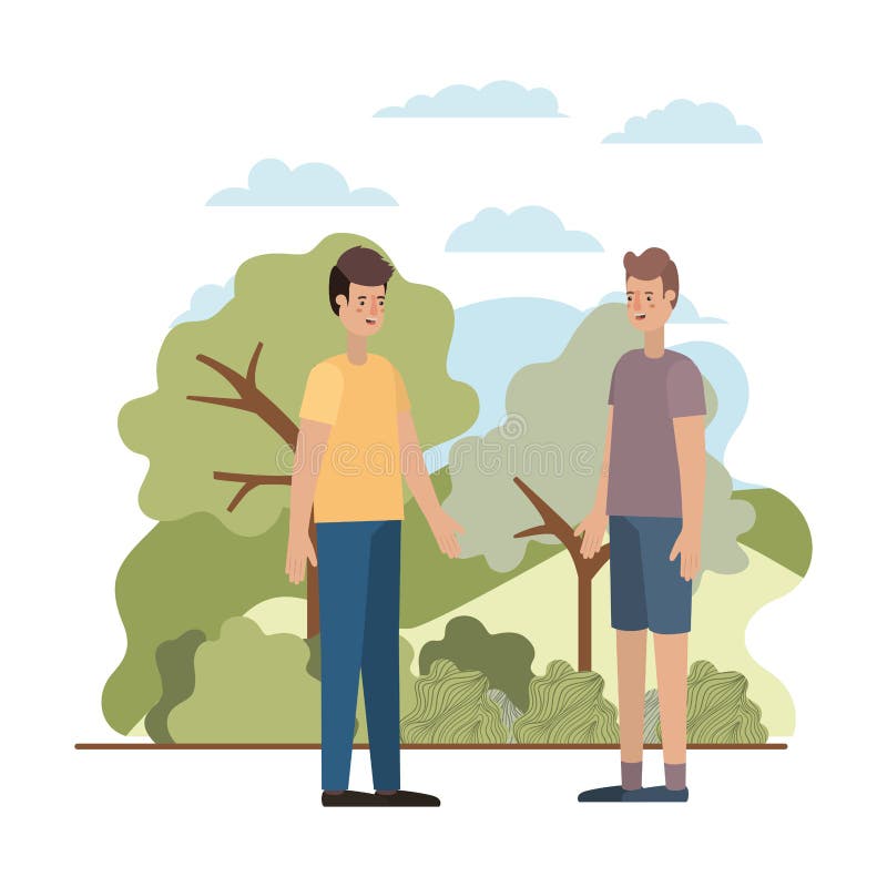Young men in the landscape avatar character vector illustration desing