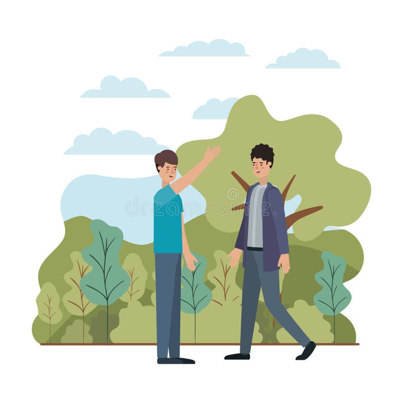 Young men in the landscape avatar character vector illustration desing