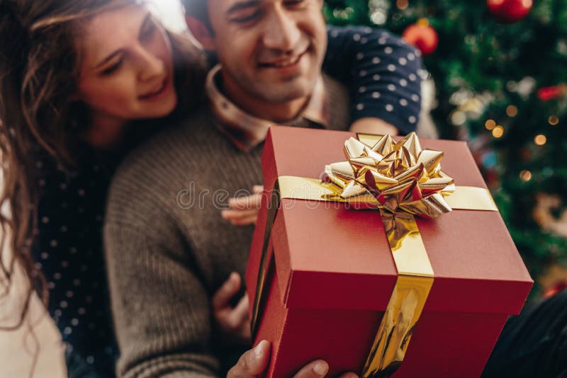 Young couple with a Christmas gift box. royalty free stock image