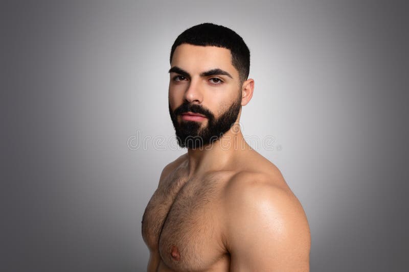Cropped Topless Middle Eastern Young Man Posing Shirtless on Grey Stock Image - Image of people
