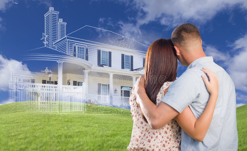 Young Military Couple Facing Ghosted House, Drawing and Grass stock photography Young Military Couple Facing Ghosted House, Drawing and Grass stock photography