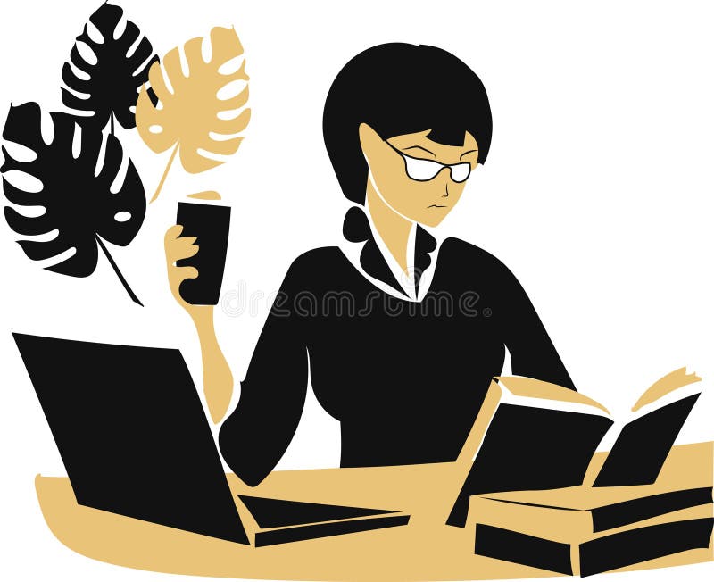 A young modern woman is using a cup of coffee in her hand reading a book, next to it is a laptop. royalty free illustration