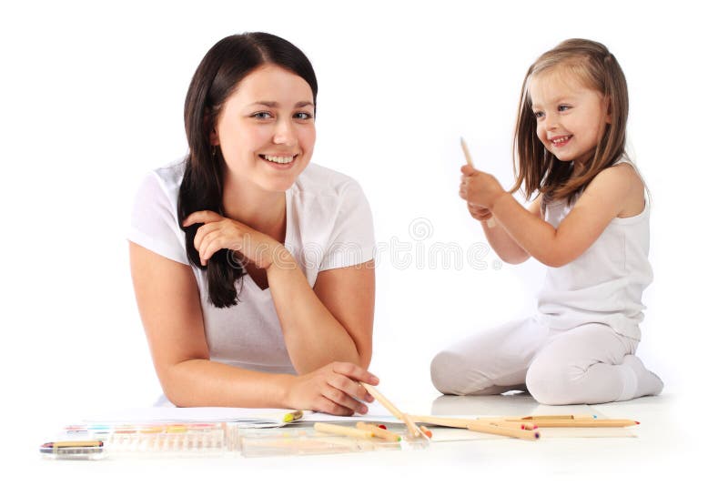 Young mom and her little daughter draw pencils