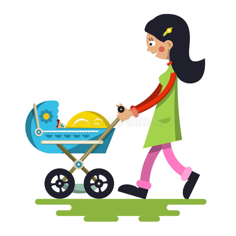 Young Mother with Baby on Pram.