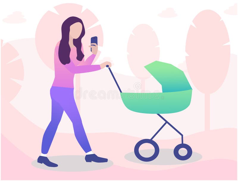 Young mother is walking with baby in pram and looking in a smartphone