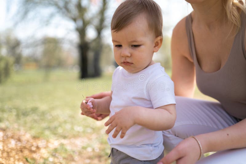 Young mother walking with her baby boy child son in a park under Sakura trees stock images Young mother walking with her baby boy child son in a park under Sakura trees stock images