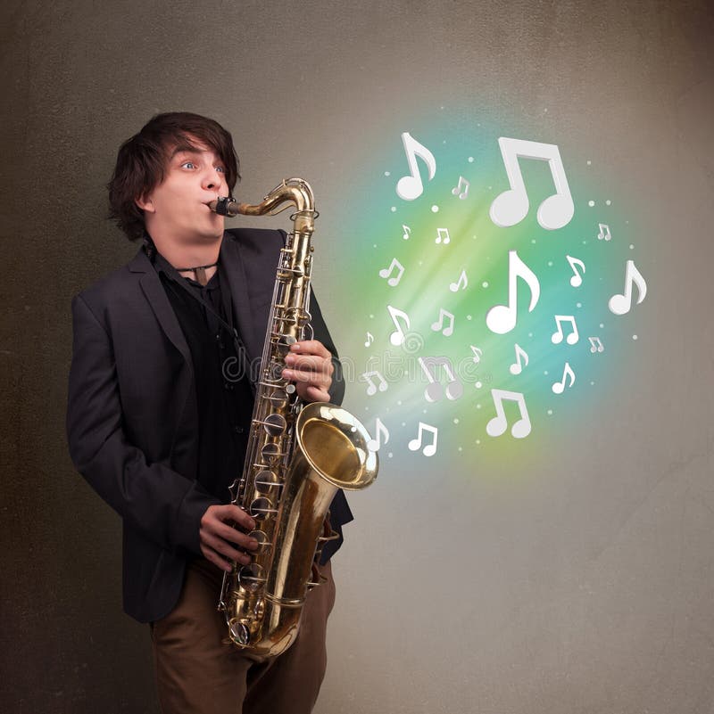 Young Musician Playing on Saxophone while Musical Notes Exploding Stock