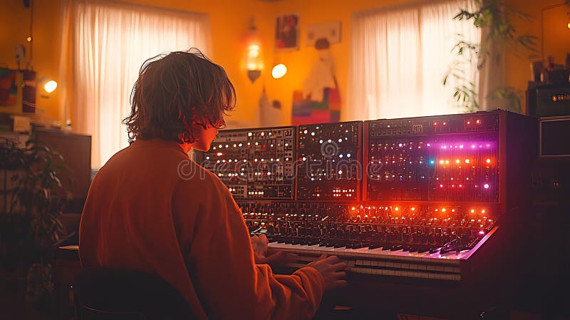 A young musician sits at a synthesizer, creating music in a home studio stock illustration