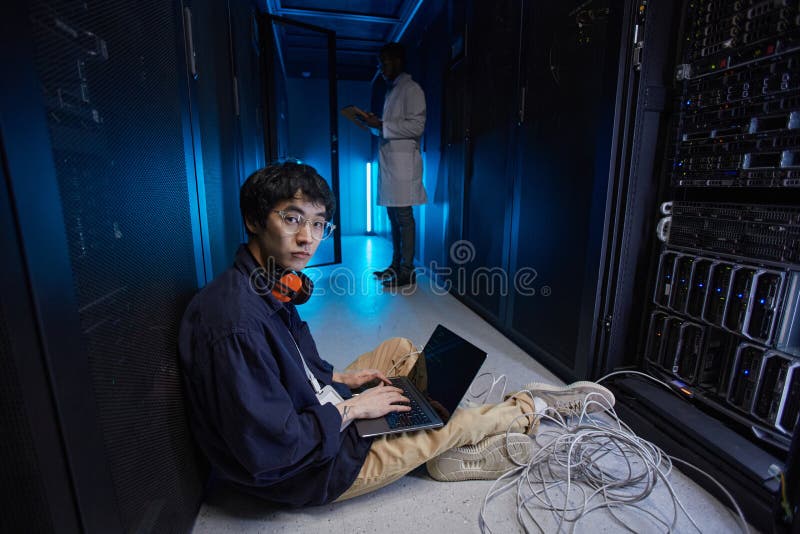 Young Network Engineer Connecting Wires Stock Photo Image of