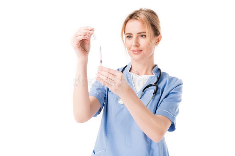 Young nurse holding syringe isolated