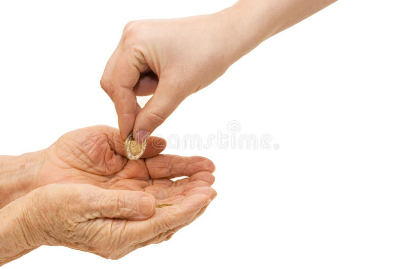 Young and old hand with a coin