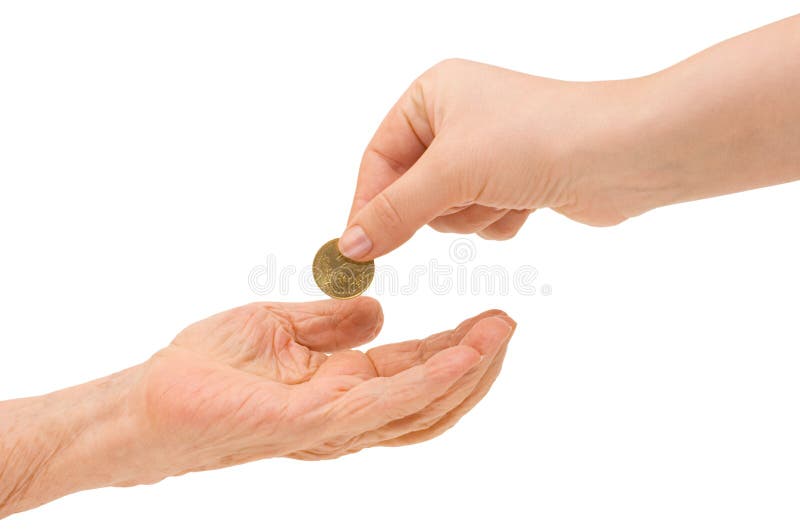 Young and old hand with a coin