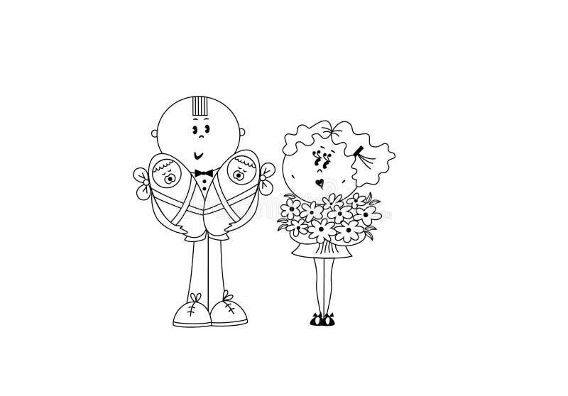 Young parents: Dad holds two newborn babies, and Mom keeps a bouquet of flowers. vector illustration Young parents: Dad holds two newborn babies, and Mom keeps a bouquet of flowers. vector illustration