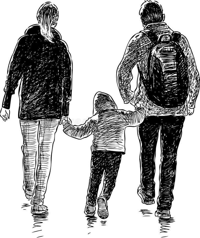 Young Parents With Their Kid Go On A Stroll Stock Vector - Illustration