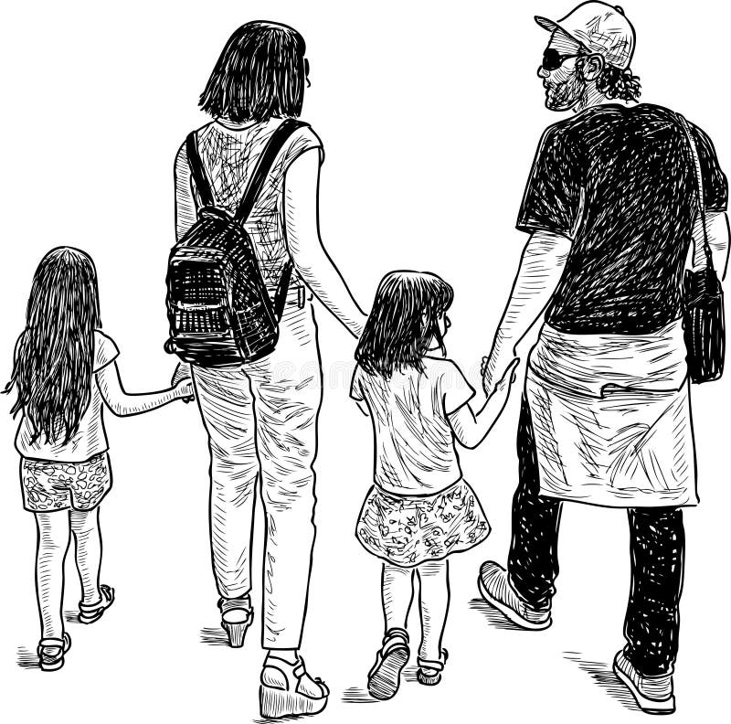 Young Parents with Their Kids on a Walk Stock Vector - Illustration of