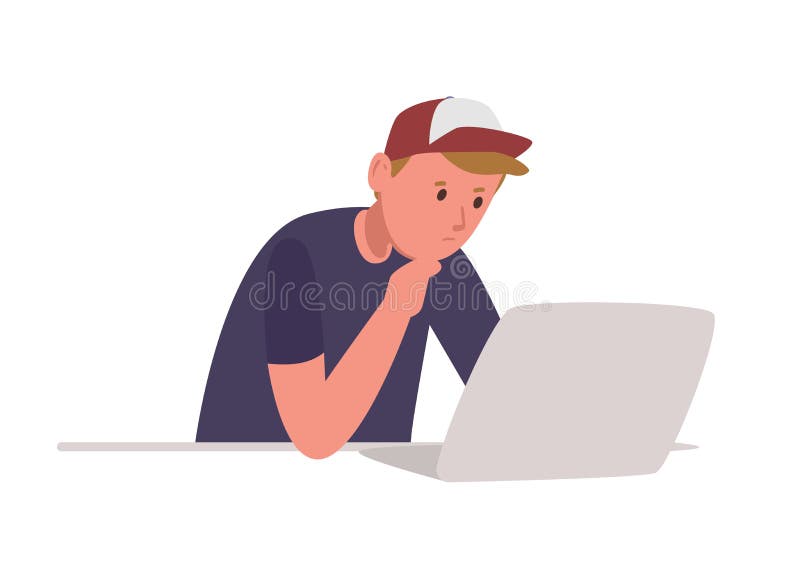 Young pensive boy sitting at laptop computer and studying hard isolated on white background. Student or schoolboy