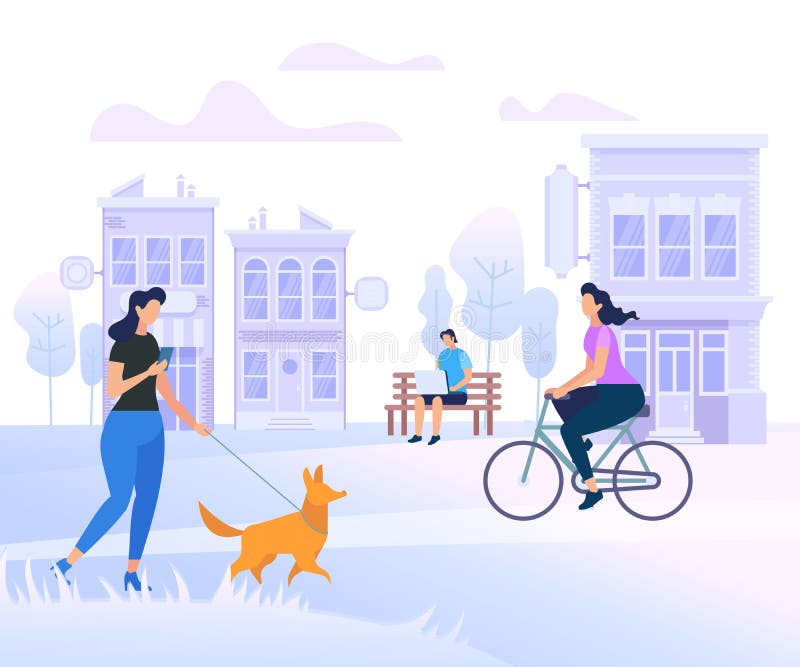 Young People Characters Walking in City. Woman Walk with Dog, Man Working on Laptop Sitting on Bench. Girl Riding Bicycle on Urban Background. Summer Time Activity. Cartoon Flat Vector Illustration. Young People Characters Walking in City. Woman Walk with Dog, Man Working on Laptop Sitting on Bench. Girl Riding Bicycle on Urban Background. Summer Time Activity. Cartoon Flat Vector Illustration.