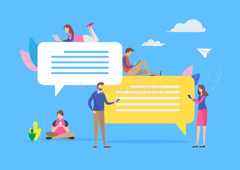 Young people chatting in social media via smartphone and laptop. Speech bubble message. vector illustration. Flat cartoon stock illustration