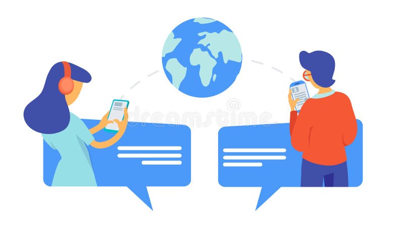 Young people chatting. Vector global information transfer illustration. Boy and girl with smartphone stock illustration